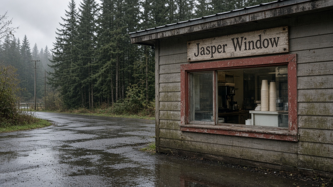 The Jasper Window stand on wet asphalt at dawn, rust-red service window glowing, fir trees in the fog.