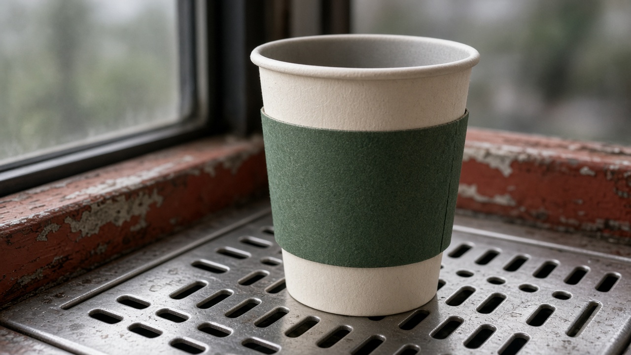 A cream cup with a fir-green sleeve on the rust window ledge.